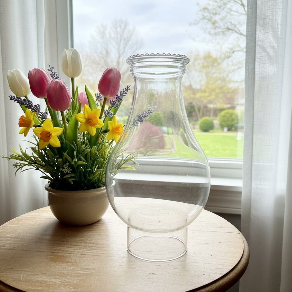 Vintage Clear Glass Hurricane Shade-Beaded Rim-Oil Lamp Chimney-9''-Farmhouse